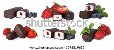 Collage of glazed curd cheese bars with strawberry and blueberry fillings on white background