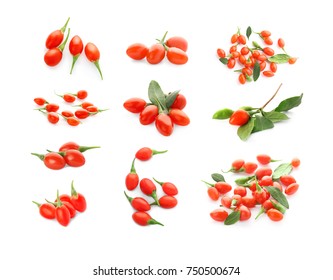 Collage With Goji Berries On White Background