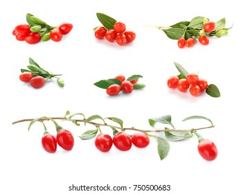 Collage With Goji Berries On White Background