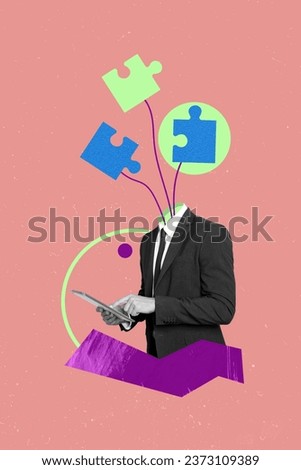 Collage graphics picture of puzzled worker jigsaw elements instead of head isolated pink color background