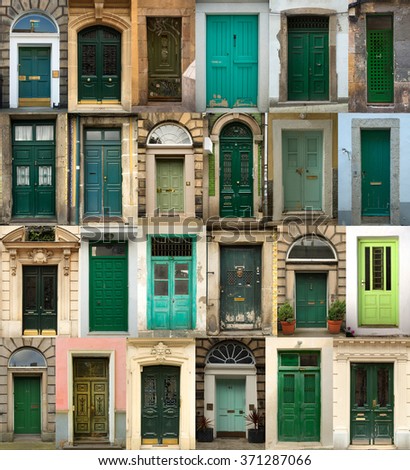A collage of green doors from everywhere in the world