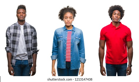 Collage Of Group African American People With Afro Hair Over Isolated Background With Serious Expression On Face. Simple And Natural Looking At The Camera.