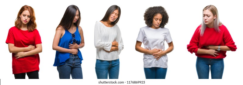 Collage of group of beautiful Chinese, asian, african american, caucasian women over isolated background with hand on stomach because nausea, painful disease feeling unwell. Ache concept.