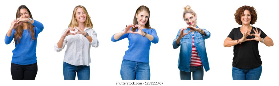 Collage Of Group Of Beautiful Women Over White Isolated Background Smiling In Love Showing Heart Symbol And Shape With Hands. Romantic Concept.