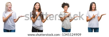 Collage of group of chinese, arab, african american woman over isolated background amazed and smiling to the camera while presenting with hand and pointing with finger.