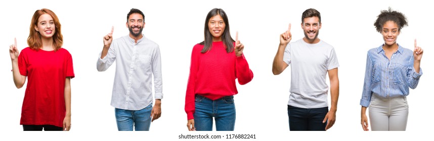 Collage Of Group Chinese, Indian, Hispanic People Over Isolated Background Showing And Pointing Up With Finger Number One While Smiling Confident And Happy.