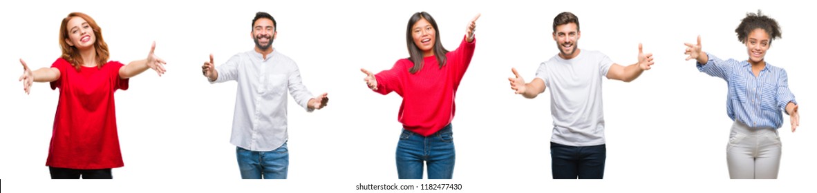 Collage Of Group Chinese, Indian, Hispanic People Over Isolated Background Looking At The Camera Smiling With Open Arms For Hug. Cheerful Expression Embracing Happiness.