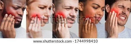 Collage With Group Of Diverse People Having Strong Toothache, Touching Red Inflamed Cheek With Unhappy Face Expression, Panorama