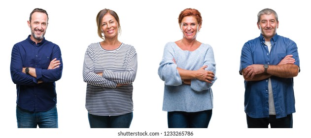 Collage Of Group Of Elegant Middle Age And Senior People Over Isolated Background Happy Face Smiling With Crossed Arms Looking At The Camera. Positive Person.