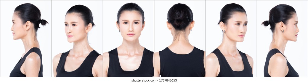 Collage Group Face Head Shot Portrait Of 30s Asian Woman Black Hair Style Vast Cosmetic Make Up. Girl Turns 360 Angle Around Rear Side Back View Many Looks Over White Background Isolated