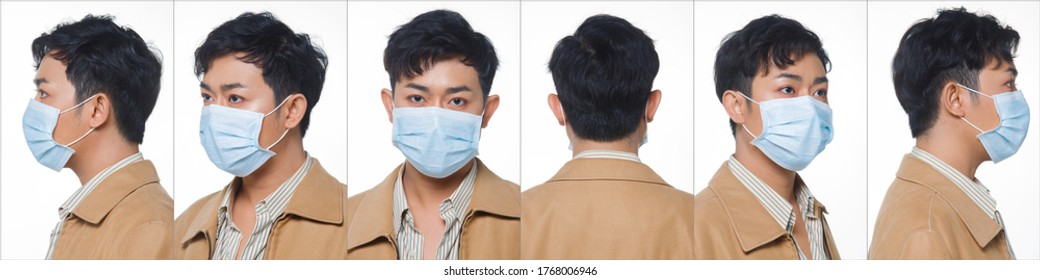 Collage Group Face Head Shot Portrait Of 20s Asian Man Suit Jacket Pant. Office Male Wear Surgical Mask Turns 360 Angle Around Rear Side Back View Many Looks Over White Background Isolated