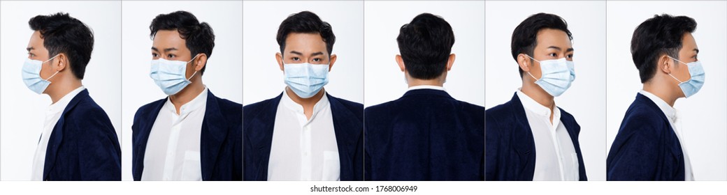 Collage Group Face Head Shot Portrait Of 20s Asian Man Suit Jacket Pant. Office Male Wear Surgical Mask Turns 360 Angle Around Rear Side Back View Many Looks Over White Background Isolated