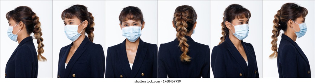 Collage Group Face Head Shot Portrait Of 20s Asian Woman Brown Pia Hair Blue Suit. Girl Wear Surgical Mask To Protect Virus Covid In 360 Many Angle View Over White Background Isolated