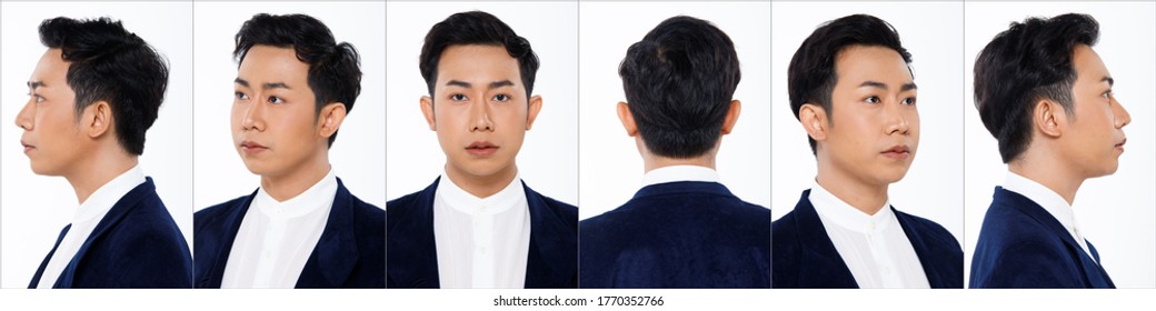 Collage Group Face Head Shot Portrait Of 20s Asian Man Black Hair Suit Jacket Pant And Sneaker. Office Boy Turns 360 Angle Around Rear Side Back View Many Looks Over White Background Isolated