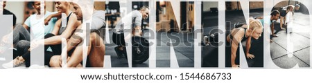 Collage of a group of fit people doing pushups, lifting weights and relaxing together in a gym with an overlay of the word training