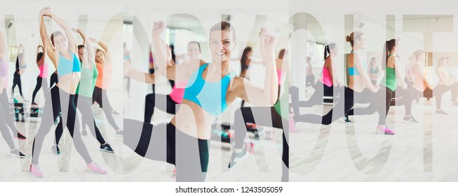 Collage of a group of fit young women in sportswear exercising together in a gym class with an overlay of the word workout - Shutterstock ID 1243505059