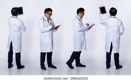 Collage Group Full Length Of 60s 50s Asian Elderly Doctor Man Wear Lab Coat, Patient Digital Tablet Chart, Stethoscope. Senior Medical Male Stands And Look At Detail Over White Background Isolated