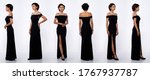 Collage Group Full length Figure of 20s Asian Woman black short curl hair long evening gown and high heel shoes. Female stands and turns 360 angle rear side back view over white Background isolated