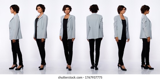 Collage Group Full length Figure snap of 20s Asian Woman black short curl hair gray suit jacket pant and shoes. Office girl stands turns 360 around rear side back view over white Background isolated - Shutterstock ID 1767937775