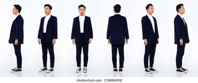 Collage Group Full Length Figure Snap Of 20s Asian Man Black Hair Suit Jacket Pant And Sneaker. Office Boy Stands And Turns 360 Around Rear Side Back View Over White Background Isolated