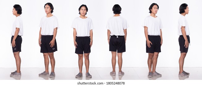 Collage Group Full Length Figure Snap Of 20s Asian Man Black Hair White Shirt Short Pant And Shoes. Male Stands And Turns 360 Around Rear Side Back View Over White Background Isolated