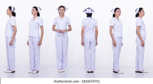 Collage Group Full Length Figure Snap Of 20s Asian Woman Wear Nurse White Uniform Pants And Shoes. Female Stand And Turns 360 Around Rear Side Back View Over White Background Isolated