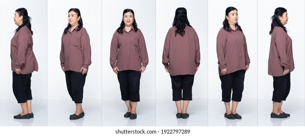 Collage Group Full Length Figure Snap Of 60s 70s Elderly Asian Woman Black Hair Purple Shirt. Grandmother Stands And Turns 360 Around Rear Side Back View Over White Background Isolated