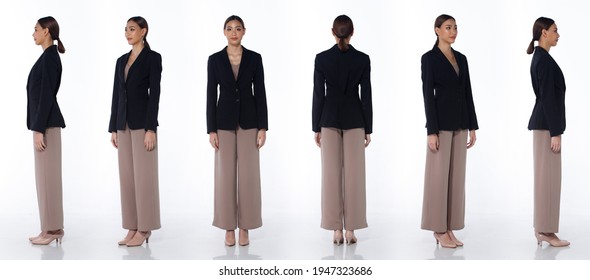 Collage Group Full length Figure snap of 20s Asian Woman brown hair black suit, tall and skinny. Female stands and turns 360 around rear side back view over white Background isolated profile