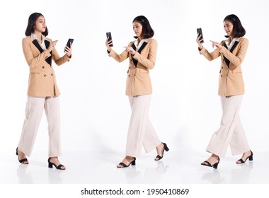 Collage Group Full Length Figure Snap Of 20s Asian Woman Black Short Hair Formal Blazer Suit. Business Office Girl Walk And Check Smart Phone For E-mail Meeting Over White Background Isolated