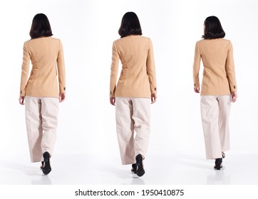 Collage Group Full length Figure snap of 20s Asian Woman black short hair formal blazer suit pant and shoes. Office girl walk back rear side direction like business over white Background isolated
