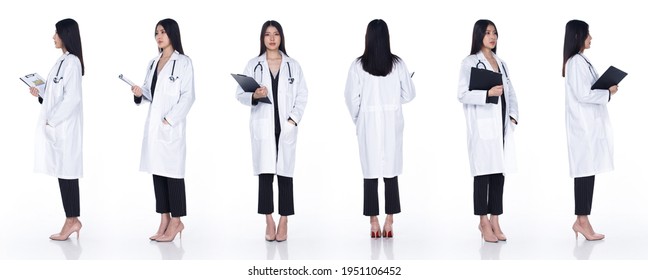 Collage Group Full Length Figure Body Of 20s Asian Woman Black Hair Doctor Gown And Suit. Female Stands Holding Files And Turns 360 Around Rear Side Back View Over White Background Isolated