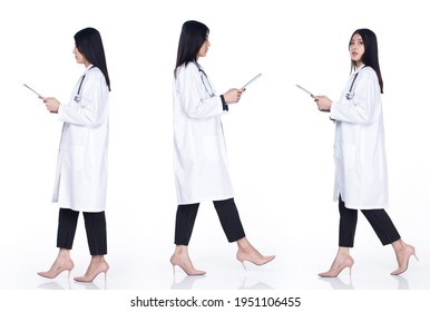 Collage Group Full Length Figure Body Of 20s Asian Woman Black Hair Doctor Gown And Suit. Doctor Female Walk And Holding Medical Files Over White Background Isolated