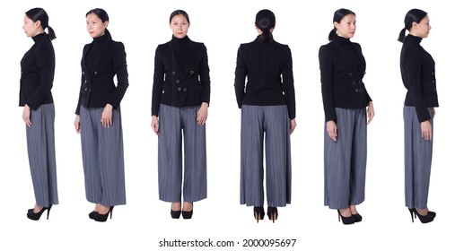 Collage Group Full Length Figure Snap Of 40s 50s Asian LGBTQIA+ Woman Black Hair Suit Pant And Shoes. Female Stands And Turns 360 Around Rear Side Back View Over White Background Isolated