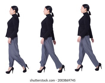 Collage Group Full Length Figure Walking Of 40s 50s Asian LGBTQIA Woman Black Hair Suit Pant And Shoes. Female Walks Side View And Work Smart Over White Background Isolated