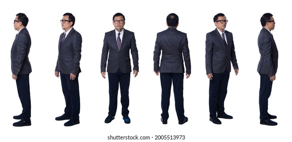 Collage Group Full Length Figure Of 50s 60s Asian Elderly Man Black Hair Business Suit Pant And Shoes. Senior Manager Stands And Turns 360 Around Rear Side Back View Over White Background Isolated