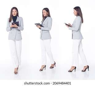 Collage Group Full length Figure snap of 20s Asian Woman black hair vast short pant and shoes. Female stands and turns 360 around rear side back view over white Background isolated - Shutterstock ID 2069484401