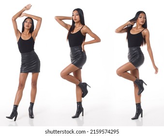 Collage Group Full length Figure snap of 20s Asian Woman black long straight hair vast short skirt and high heel shoes. Female raise hands legs arms over white Background isolated