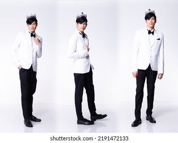 Collage Group Full Length Figure Snap Of 20s Asian Man Black Hair Suit Jacket Pant And Shoes. Wedding Male Stands And Pose Confident Over White Background Isolated