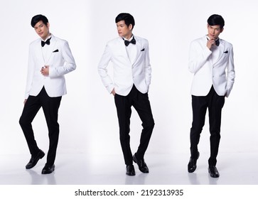 Collage Group Full Length Figure Snap Of 20s Asian Man Black Hair Suit Jacket Pant And Shoes. Wedding Male Stands And Pose Confident Over White Background Isolated