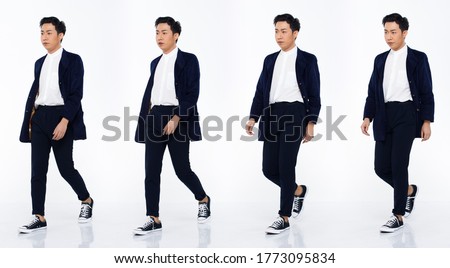 Collage Group Full length Figure snap of 20s Asian man black hair suit jacket pant and sneaker. Office boy walk left step side casual view many looks over white Background isolated