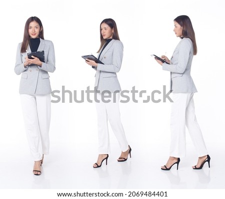 Collage Group Full length Figure snap of 20s Asian Woman black hair vast short pant and shoes. Female stands and turns 360 around rear side back view over white Background isolated Stock photo © 