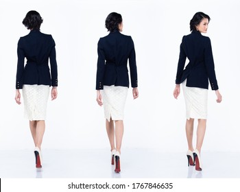 Collage Group Full Length Portrait Of 40s Asian Woman Black Hair Blue Suit And High Heel Shoes. Female Walk Back Turn Side Many Looks Over White Background Isolated