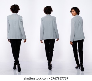 Collage Group Full Length Portrait of 20s Asian Woman black short curl hair gray suit jacket pant and shoes. Girl walk turn back view many looks over white Background isolated