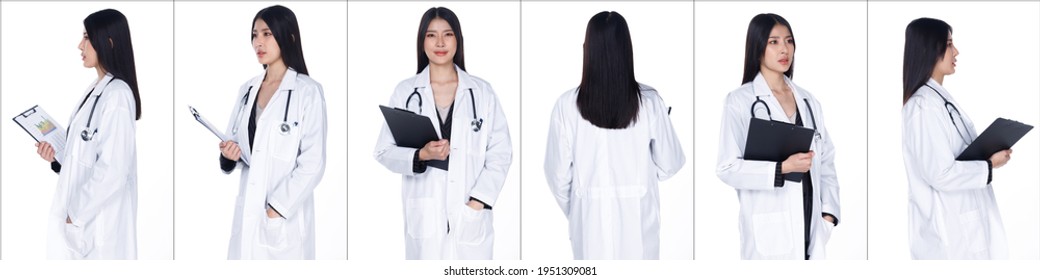 Collage Group Half Body Portrait Of 20s Asian Woman Black Hair Doctor Gown And Suit. Doctor Female Hold Medical Files And Turn 360 Around Back Rear Side View Over White Background Isolated