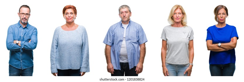 Collage Of Group Of Middle Age And Senior People Over Isolated Background With Serious Expression On Face. Simple And Natural Looking At The Camera.