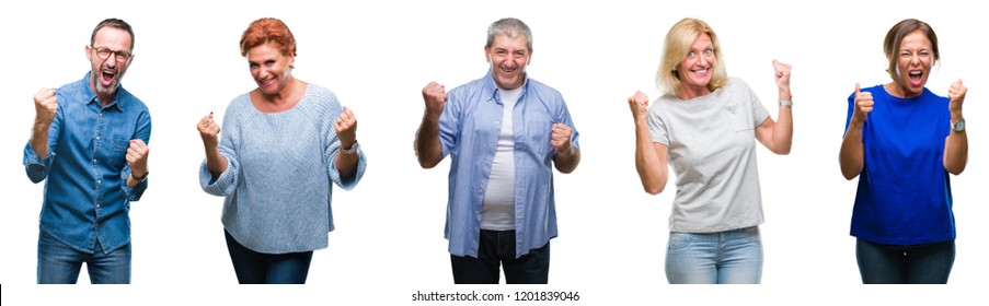 Collage Of Group Of Middle Age And Senior People Over Isolated Background Very Happy And Excited Doing Winner Gesture With Arms Raised, Smiling And Screaming For Success. Celebration Concept.