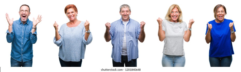 Collage Of Group Of Middle Age And Senior People Over Isolated Background Celebrating Surprised And Amazed For Success With Arms Raised And Open Eyes. Winner Concept.