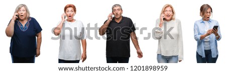 Collage of group of middle age and senior people using smartphone over isolated background scared in shock with a surprise face, afraid and excited with fear expression