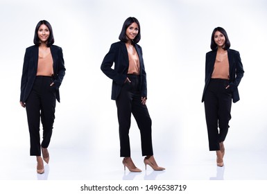 Collage Group Pack Of Full Length Snap Figure Indian Arab Business Woman Stand In Black Formal Proper Suit Pants And Shoes, Studio Lighting White Background Isolated, Lawyer Boss Act Posing Smile