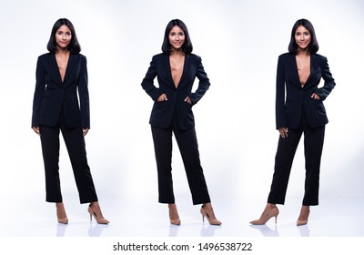 Collage Group Pack Of Full Length Snap Figure Indian Arab Business Woman Stand In Black Formal Proper Suit Pants And Shoes, Studio Lighting White Background Isolated, Lawyer Boss Act Posing Smile